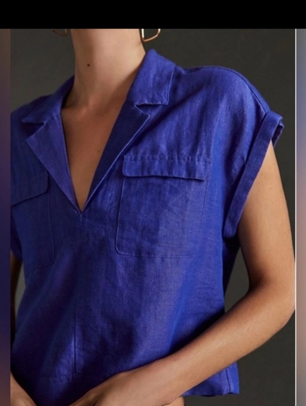 ANTHROPOLOGIE Linen Blend Crop Utility Pocket Collared Boho Top Size M - Picture 4 of 12